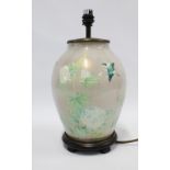 Jenney Worrell table lamp, hand blown glass with internal bird and flowers pattern, on a faux wood