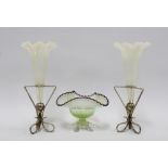 A pair of Vaseline glass flower tubes in Epns stand together with an art glass bowl with frilled