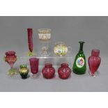 A small collection of cranberry and bohemian painted glass (10)