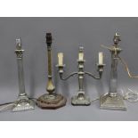 Various early 20th century table lamps to include Corinthian column, candelabra and brass styles (4)