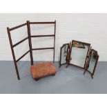 Mahogany towel rail, small footstool and a dressing table mirror, (3)