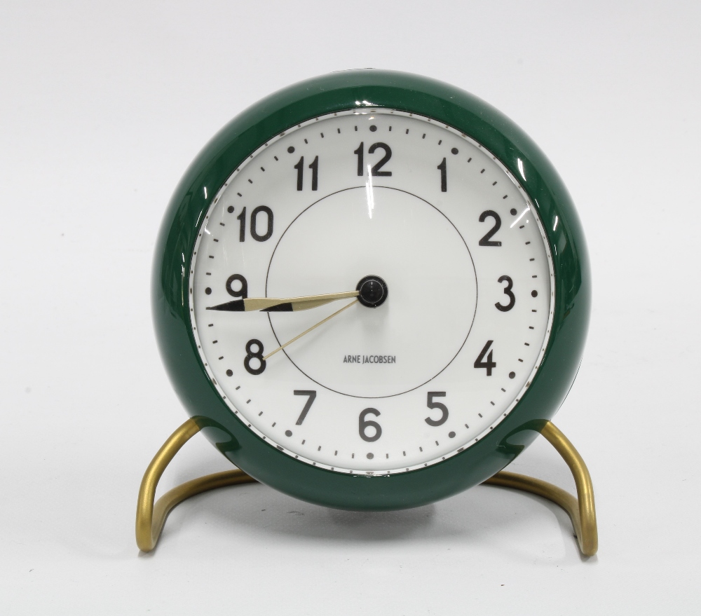 Arne Jacobsen Station alarm clock in racing green, 12 x 10cm diameter