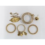 Six yellow metal jewellery items to include a bracelet (a/f) a single earring, pair of rope twist