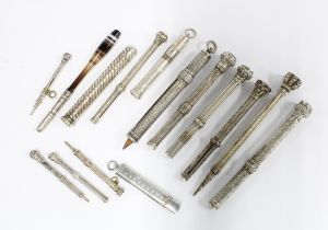 A collection of fifteen silver and white metal propelling pencils, circa late 19th / early 20th