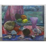 Still life bowl of fruit oil on canvas, unsigned, on a stretcher but unframed 61 x 50cm