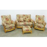 Ercol Renaissance high back suite comprising a two seater settee, pair of armchairs and a stool, 143