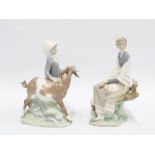 Lladro figures 'girl with goat' and another of a Girl sat on a tree stump with picnic basket and