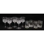 Set of five cut glass wine glasses and four etched glass tumblers (9) 13cm.