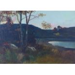 Scottish School, a Lochside landscape with cottage, oil on canvas, apparently unsigned, in a moulded