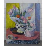 Josephine Miller, still life bowl of tulips, oil on board, signed, unframed, 50 x 61cm