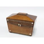 Small mahogany and mother of pearl inlaid tea caddy, sarcophagus form with two lined divisions, 19 x