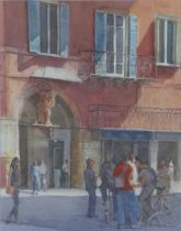 Paul Banning (b 1934) 'Students Meeting - Pisa , watercolour, signed with initials and framed