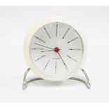 Arne Jacobsen Bankers alarm clock in white case, 12 x 10cm diameter