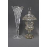 19th century cut glass confiture 35cm high including cover, together with a later cut glass vase, (