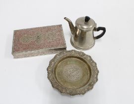 Eastern white metal box, rectangular hinged lid with allover foliate design, an Eastern metal dish
