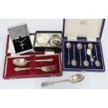 Cased set of six silver teaspoons, Sheffield 1943 together with a cased christening set with fork