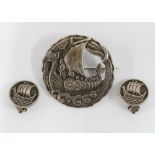 Vintage Scottish silver Viking Longboat brooch, Glasgow 1950, together with a pair of Iona silver