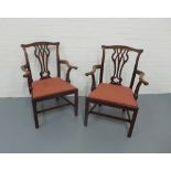 Pair of Chippendale style mahogany open armchairs with slip in seats, 67 x 96 x 48cm. (2)