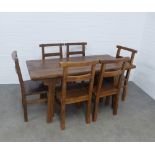 Chinese rustic style dining table with plank top and trestle base and a set of six chairs, 161 x