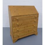 Pine bureau, the fall front opening to reveal a fitted interior above four long drawers, 90 x 103