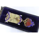 Masonic silver gilt and enamel medallion with ribbon, in original Edward Stillwell & Son box,