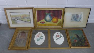 Quantity of artworks to include a still life, watercolour, etching and prints, (a lot)