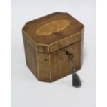 19th century mahogany and inlaid tea caddy, octagonal shape, locked with key, (unable to open)