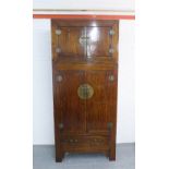 Chinese hardwood wardrobe cabinet, with stylised brass handles and hinges, comprising two parts,