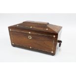 Large mahogany and mother of pearl inlaid tea caddy, sarcophagus form with two lined divisions,