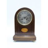 Early 20th century mahogany mantle clock with inlaid satin strung border and paterae, silvered