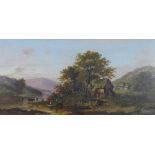 J. Westall, Riverside scene with cattle and mill, oil on canvas, signed and framed, 60 x 30cm