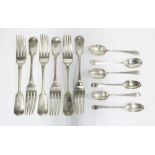 Five various silver teaspoons, an epns teaspoon and a set of six mappin & Webb silver plated table