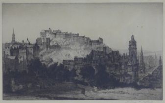 Andrew Fairbairn Affleck, (1869 - 1935), a large etching of Edinburgh Castle, signed in pencil and