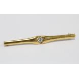 Gold bar brooch, set with a bright cut diamond, with hallmarks but carat mar obscured, likely