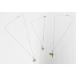 9ct chain necklace with heart shaped pendant and a small key and two silver necklaces (3)