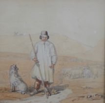 19th century British Naïve School, Boy Shepherd, watercolour, apparently unsigned, framed, 23 x 23cm