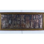 Ono Brakpeya, 1980's pressed metal panel, signed and framed, 92 x 36cm