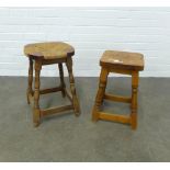 An oak stool with rush seat and a vintage pine stool, 33 x 49cm. (2)