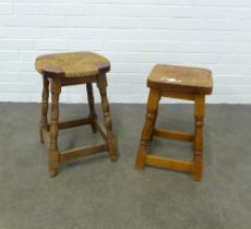 An oak stool with rush seat and a vintage pine stool, 33 x 49cm. (2)