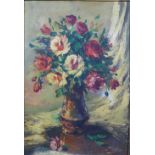 European School, still life oil on canvas - a vase of roses, signed indistinctly and framed, 60 x
