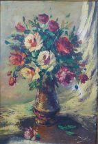 European School, still life oil on canvas - a vase of roses, signed indistinctly and framed, 60 x