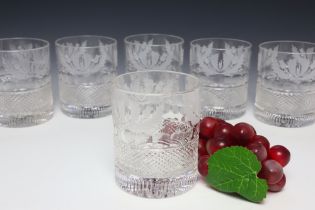 Set of six Edinburgh Crystal Thistle design Double Old Fashioned whisky tumblers / glasses, in