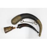 Three powder horn flasks to include one with brass mounts, (3)