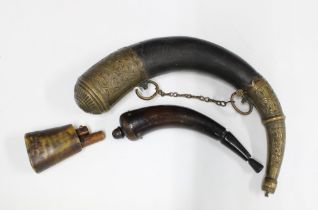 Three powder horn flasks to include one with brass mounts, (3)