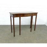 Mahogany serpentine consol table on tapering legs and spade feet, 107 x 83 x 43cm.