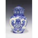 Blue and white pottery jar and cover, drilled for use as a lamp , base signed S. Alem, 30cm high (