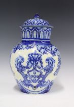 Blue and white pottery jar and cover, drilled for use as a lamp , base signed S. Alem, 30cm high (