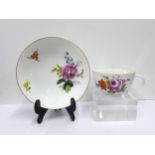 Meissen floral decorated saucer and cup, blue crossed swords marks (2)