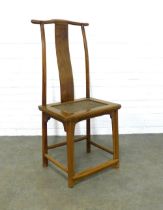 Chinese yoke back chair, the wood with a golden hue, with a woven panel seat, legs united by