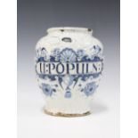 Early 18th Delft dry jug jar, probably English, inscribed U: POPULN: painted in blue with angels and